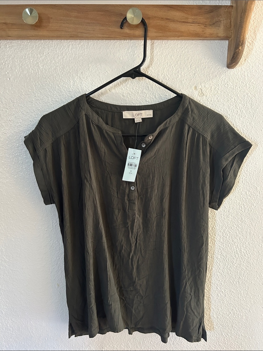 LOFT Olive Green Short Sleeve Button Henley Blouse